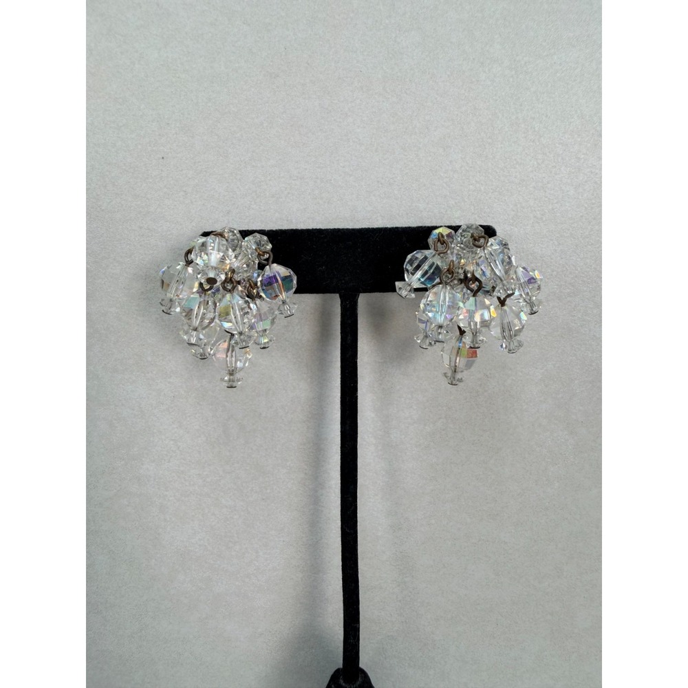 Vintage Laguna Crystal Bead Cluster Clip On Earrings Aurora Borealis Signed